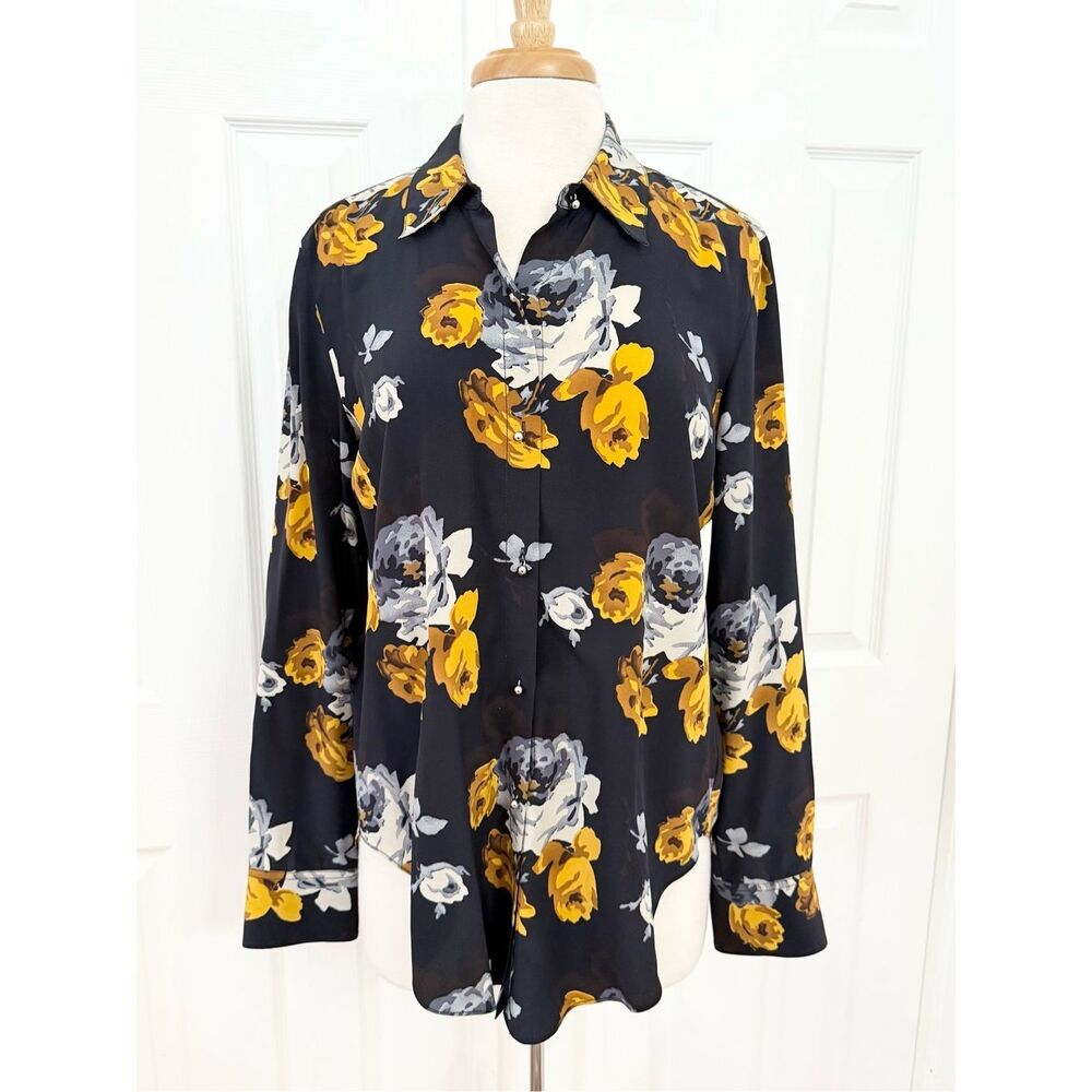 Theory Womens Navy Gold Sunaya Floral Silk Long Sleeve Button Up Blouse Medium